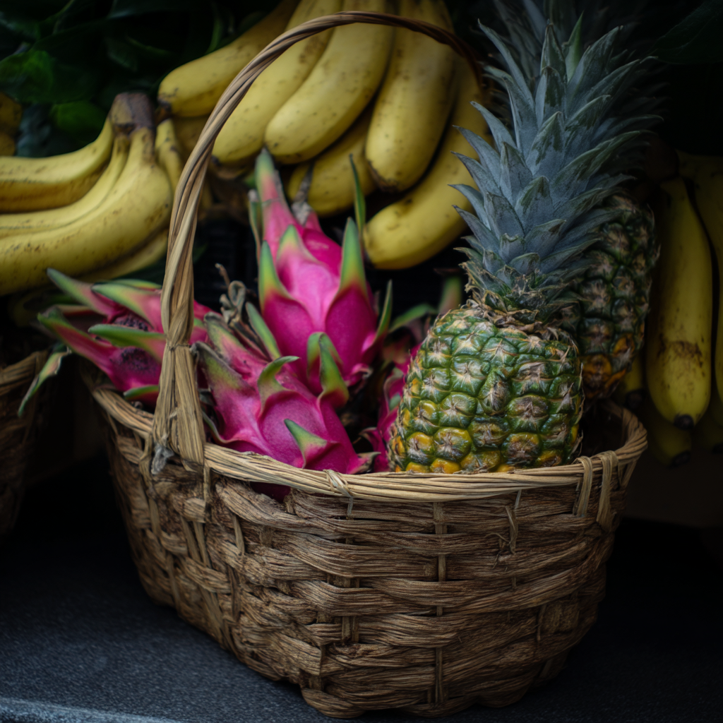 A basket full of Tropical fruits